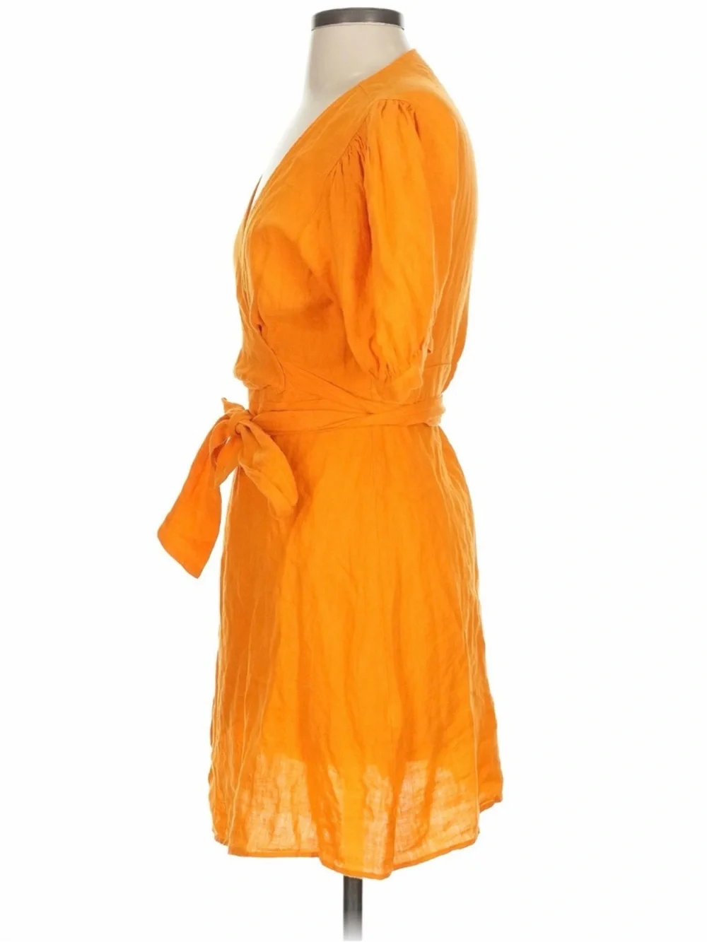 Zara Women’s Linen Orange Wrap Mini Dress with Puff Sleeves - Picture 7 of 9